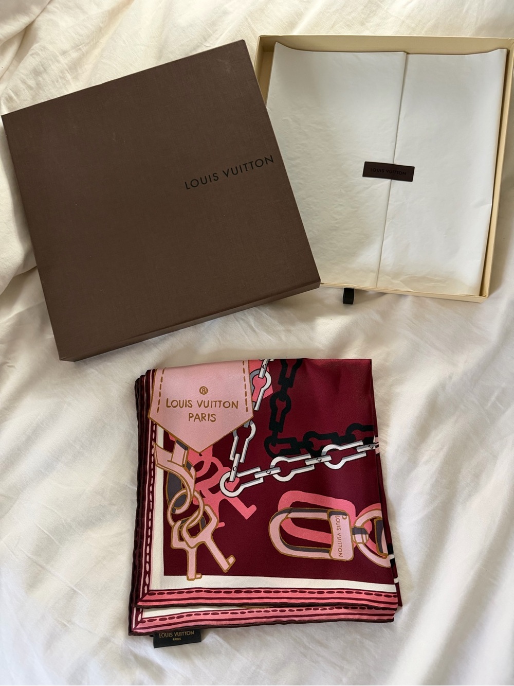 Louis Vuitton Pink & Burgundy Chain Print Mini Silk Scarf